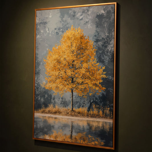 Yellow Leaves Tree Reflected in Still Water Canvas shown in antique gold floating frame