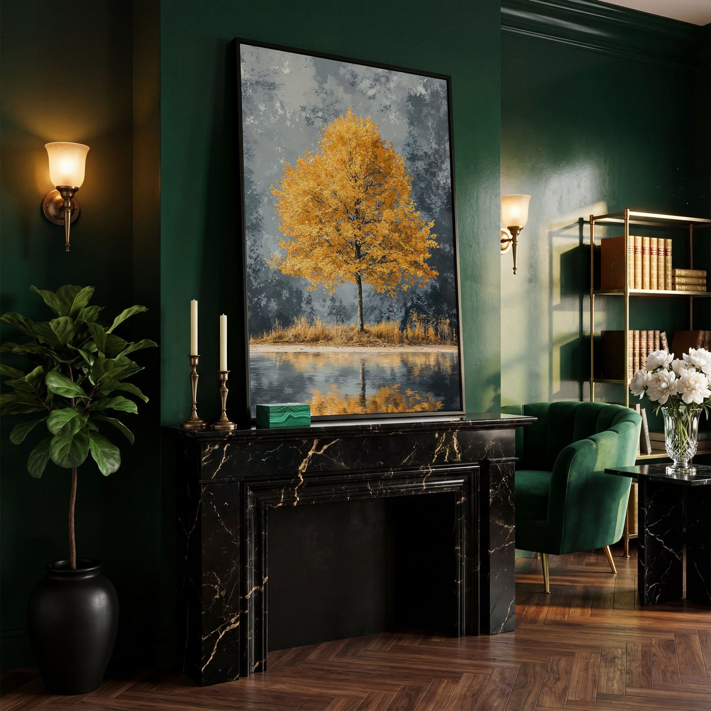 Yellow Leaves Tree Reflected in Still Water Canvas in black floating frame
