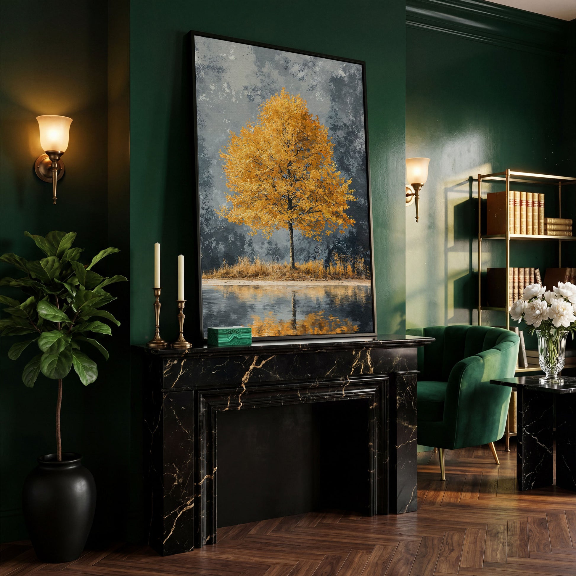 Yellow Leaves Tree Reflected in Still Water Canvas in black floating frame