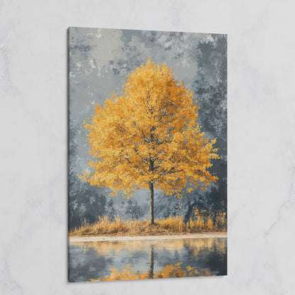 Yellow Leaves Tree Reflected in Still Water Canvas on gallery wrap