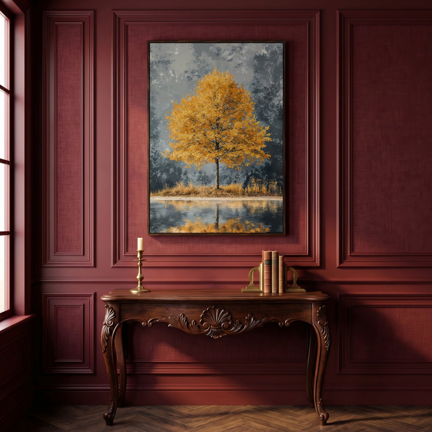 Yellow Leaves Tree Reflected in Still Water Canvas in dark walnut floating frame