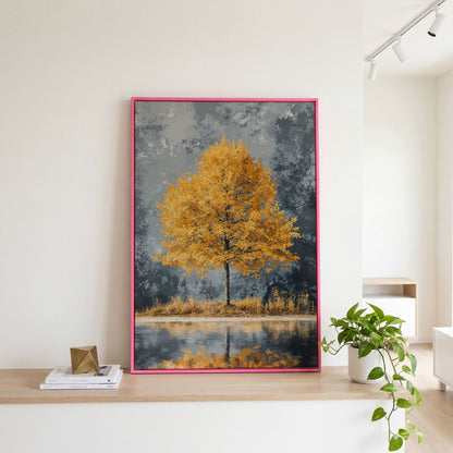 Yellow Leaves Tree Reflected in Still Water Canvas in pink floating frame