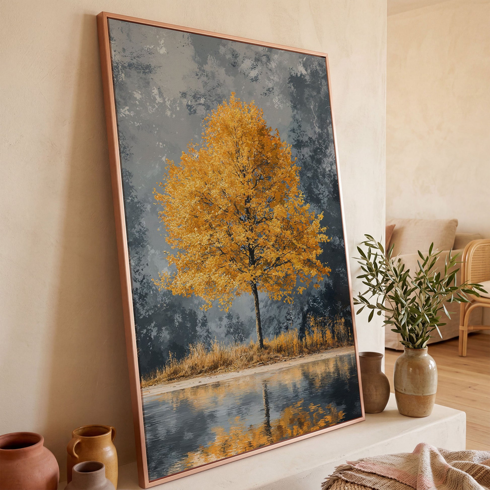 Yellow Leaves Tree Reflected in Still Water Canvas in rose gold floating frame