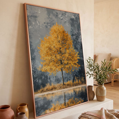 Yellow Leaves Tree Reflected in Still Water Canvas in rose gold floating frame