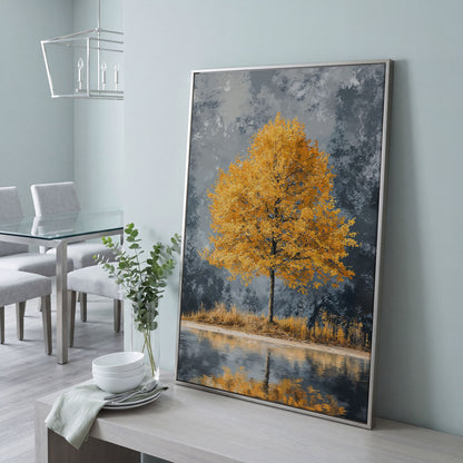 Yellow Leaves Tree Reflected in Still Water Canvas in silver floating frame