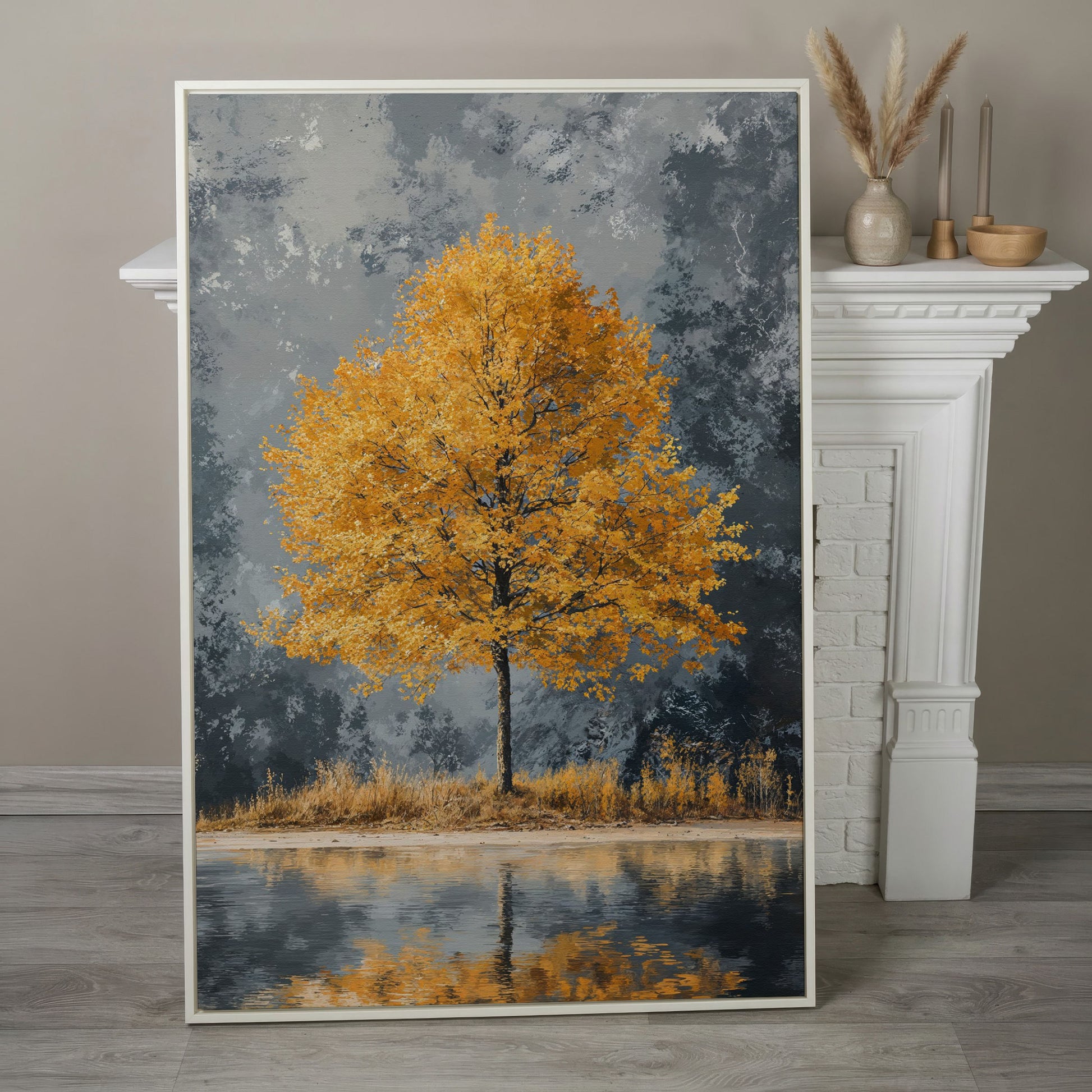 Yellow Leaves Tree Reflected in Still Water Canvas in white floating frame