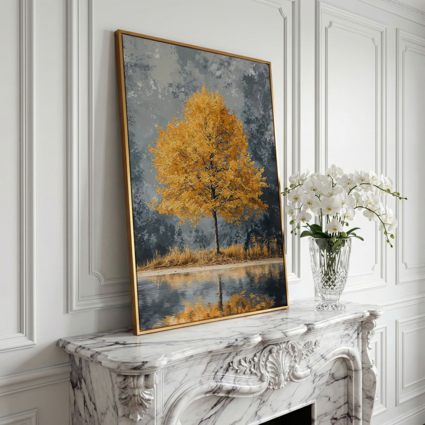 Yellow Leaves Tree Reflected in Still Water Canvas in yellow gold floating frame