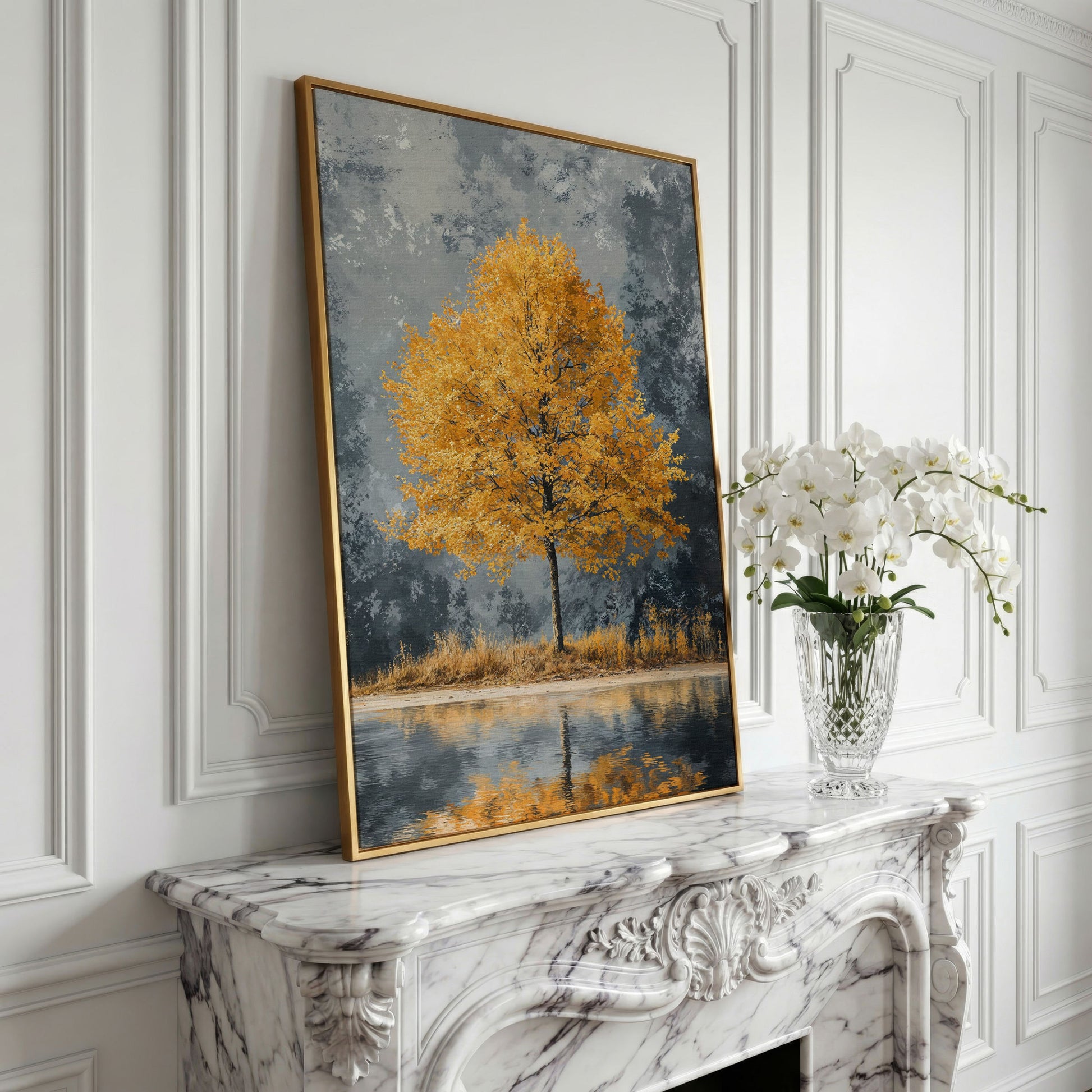 Yellow Leaves Tree Reflected in Still Water Canvas in yellow gold floating frame