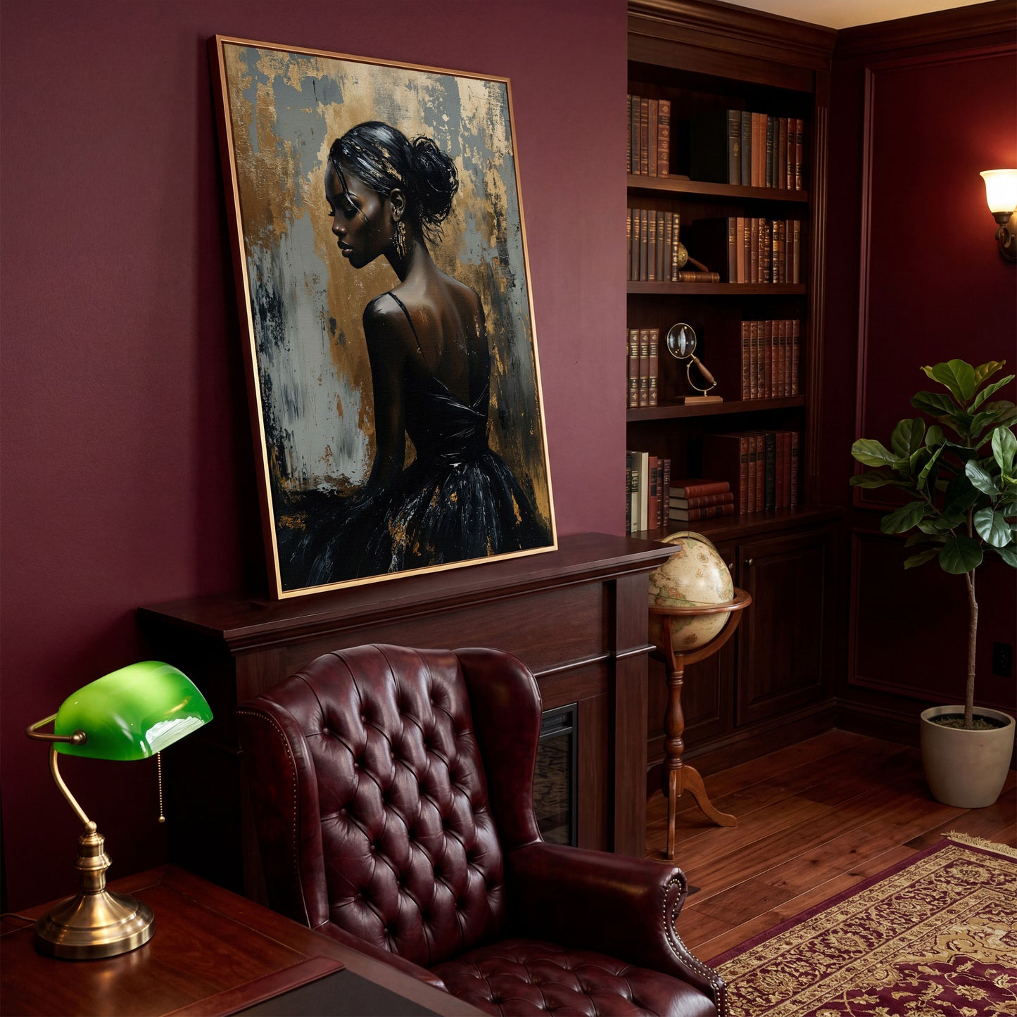 Chic Black Woman in Dress Fashion Canvas in antique gold floating frame