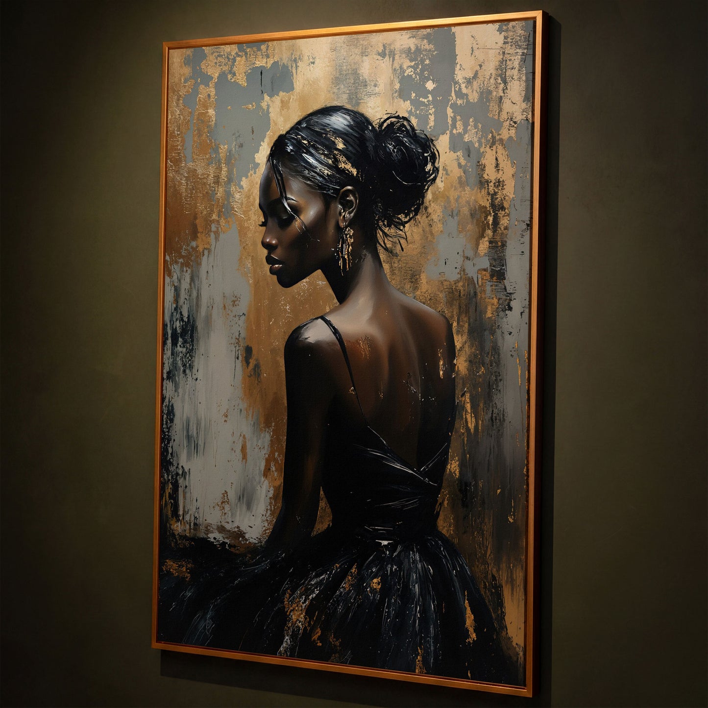 Chic Black Woman in Dress Fashion Canvas shown in antique gold floating frame