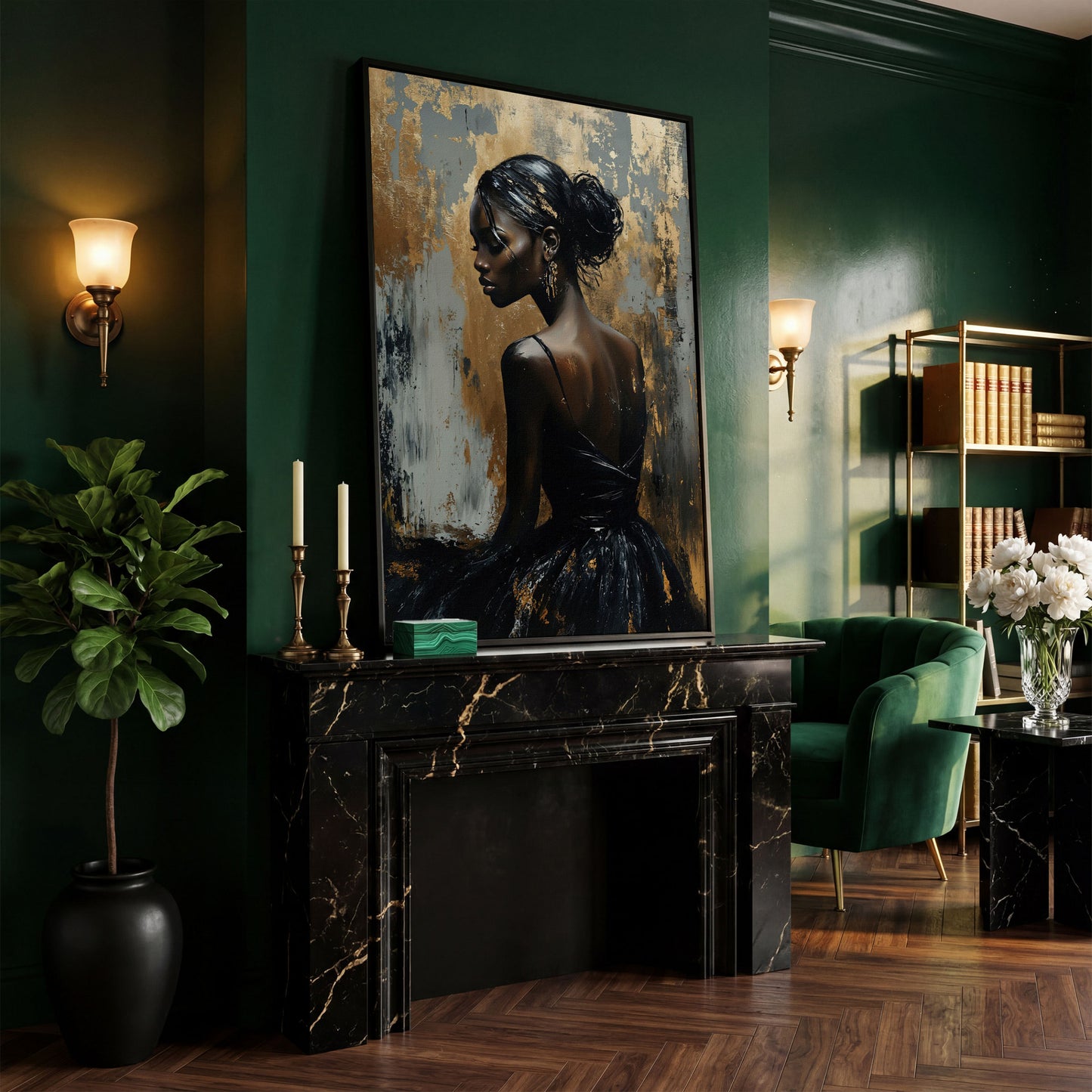 Chic Black Woman in Dress Fashion Canvas in black floating frame