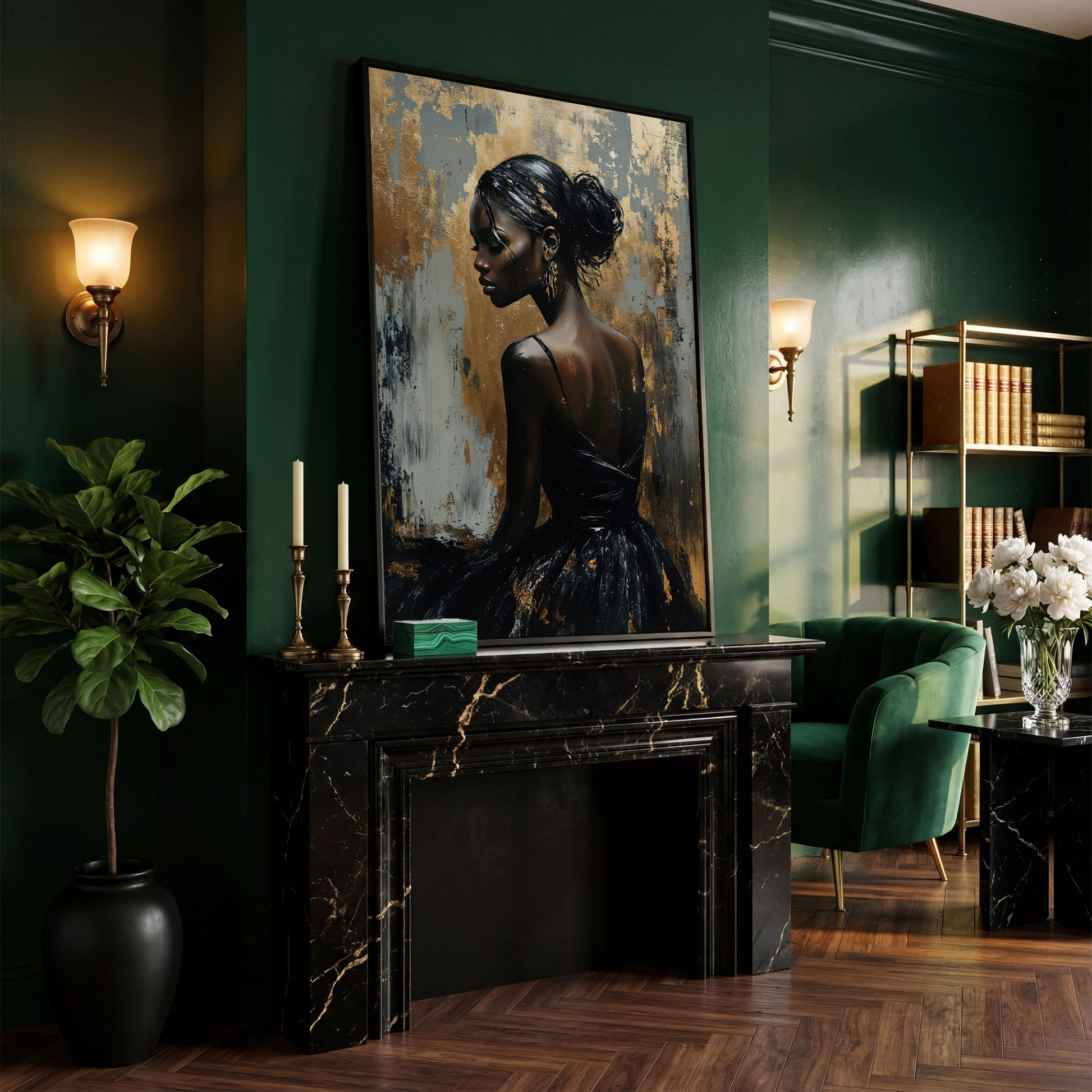 Chic Black Woman in Dress Fashion Canvas in black floating frame