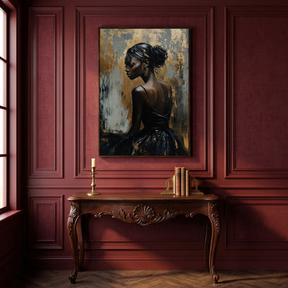 Chic Black Woman in Dress Fashion Canvas in dark walnut floating frame