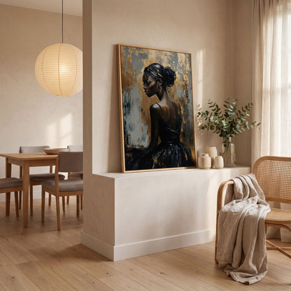 Chic Black Woman in Dress Fashion Canvas in white oak floating frame
