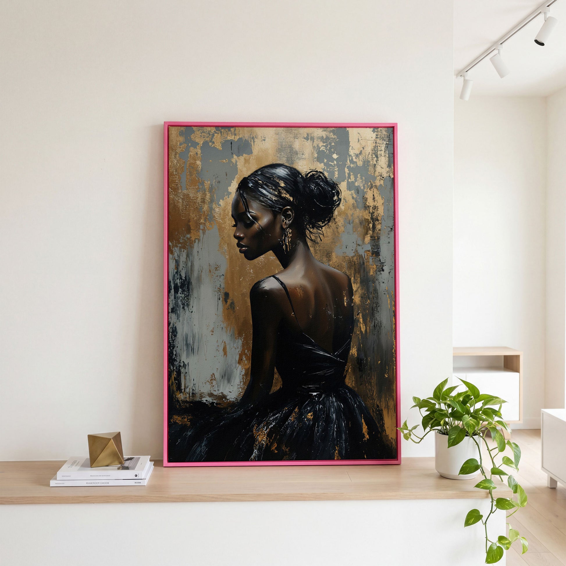 Chic Black Woman in Dress Fashion Canvas in pink floating frame