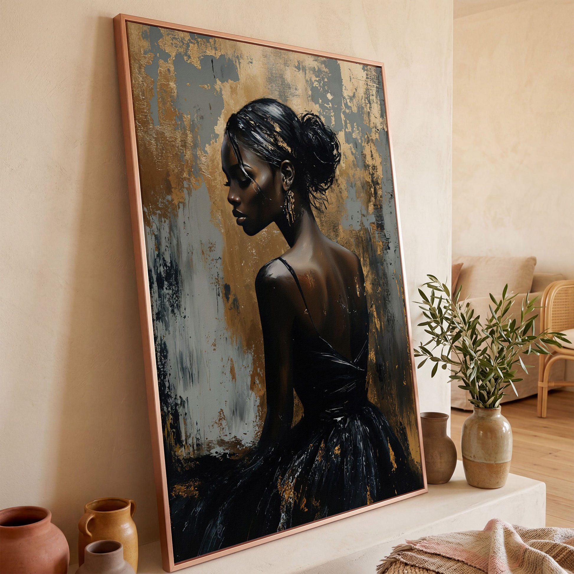 Chic Black Woman in Dress Fashion Canvas in rose gold floating frame