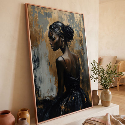 Chic Black Woman in Dress Fashion Canvas in rose gold floating frame