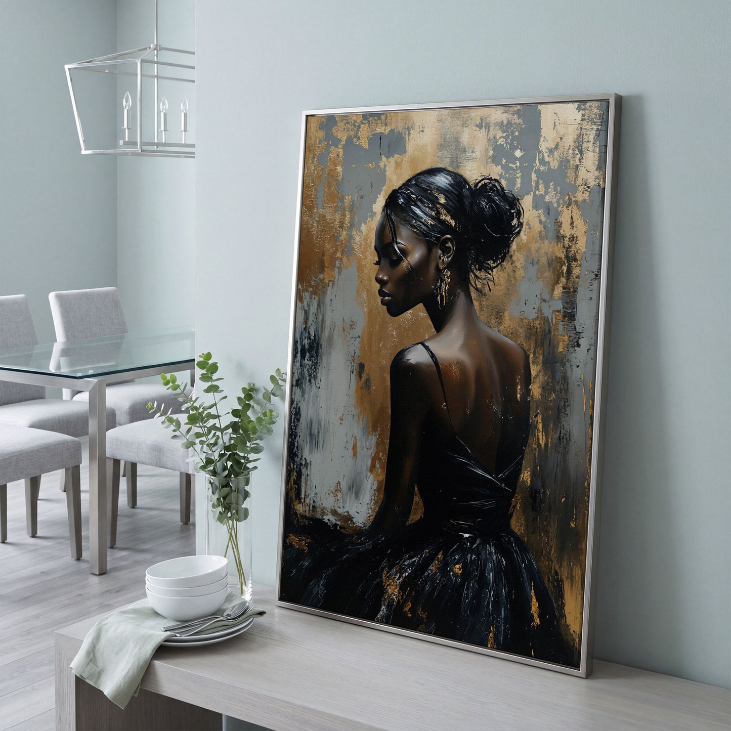 Chic Black Woman in Dress Fashion Canvas in silver floating frame