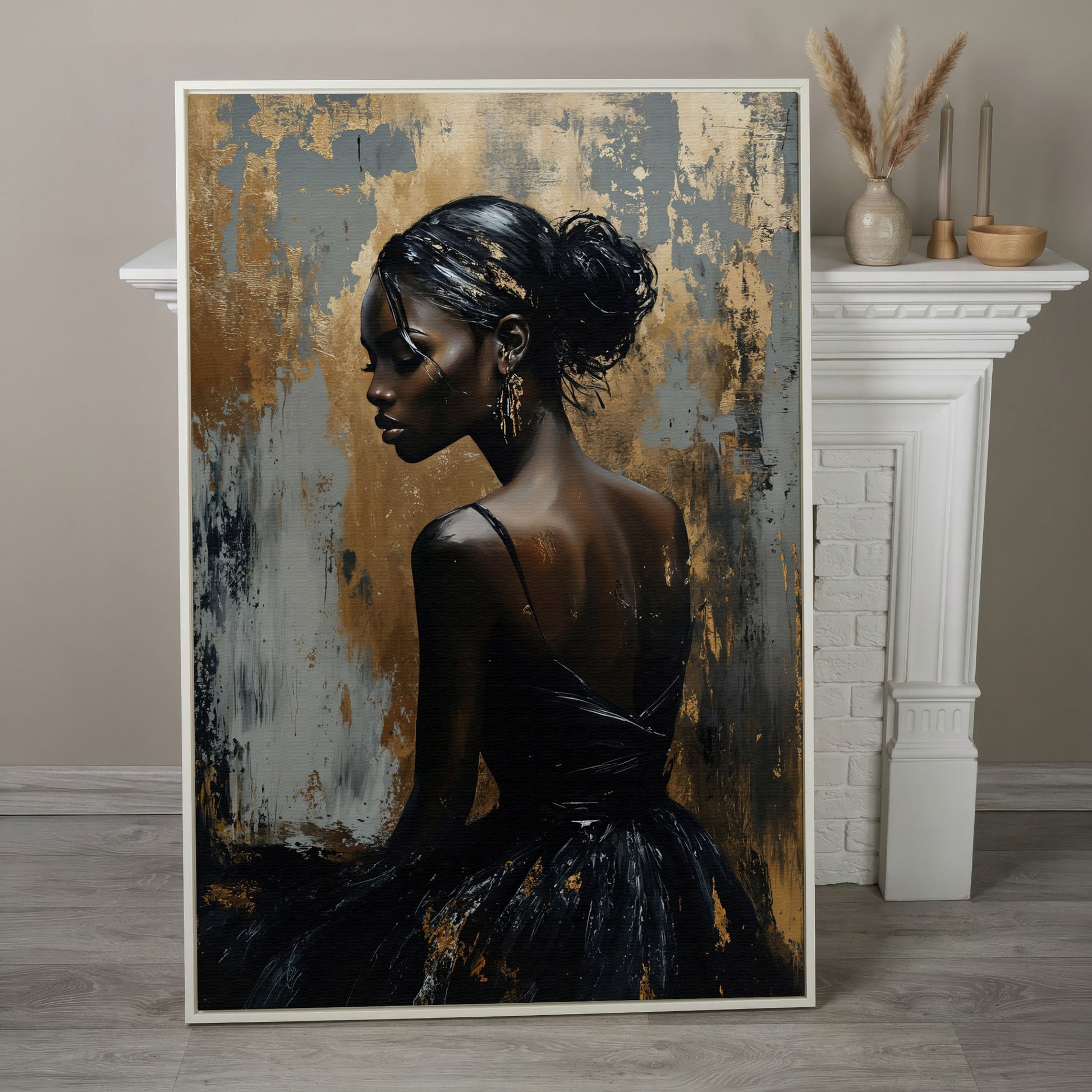 Chic Black Woman in Dress Fashion Canvas in white floating frame