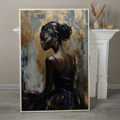 Chic Black Woman in Dress Fashion Canvas in white floating frame