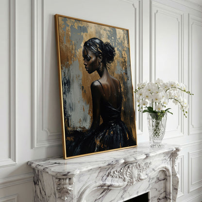 Chic Black Woman in Dress Fashion Canvas in yellow gold floating frame