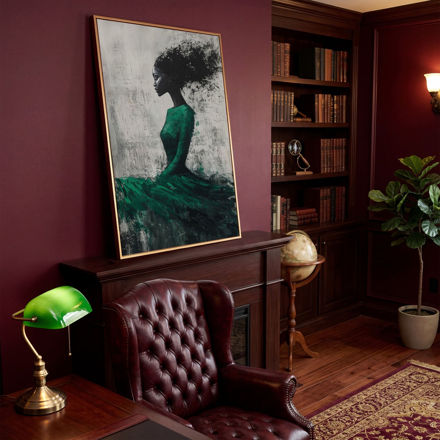 Elegant Black Woman in Green Dress Canvas Print in antique gold floating frame