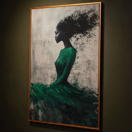 Elegant Black Woman in Green Dress Canvas Print shown in antique gold floating frame