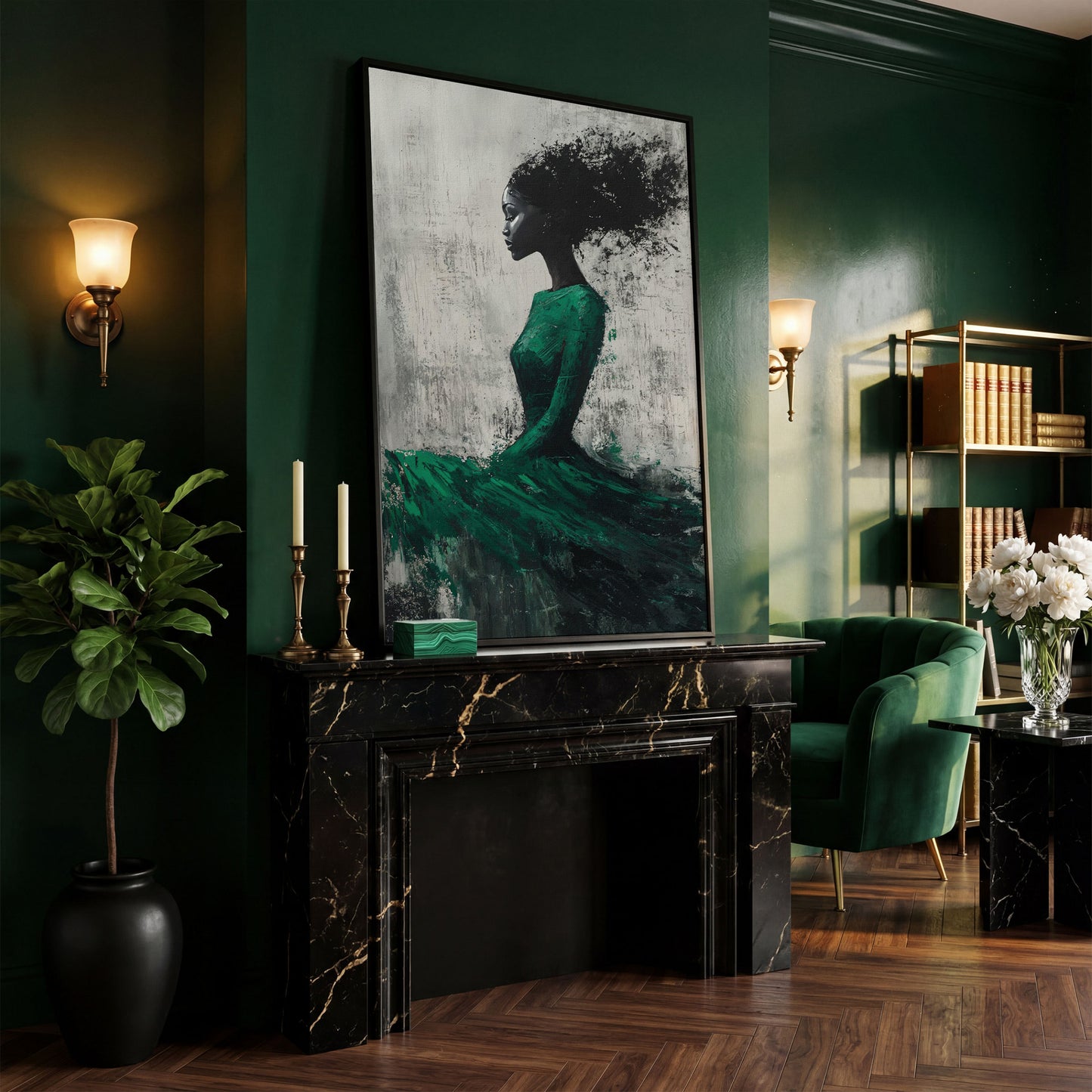 Elegant Black Woman in Green Dress Canvas Print in black floating frame