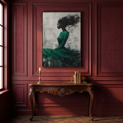 Elegant Black Woman in Green Dress Canvas Print in dark walnut floating frame