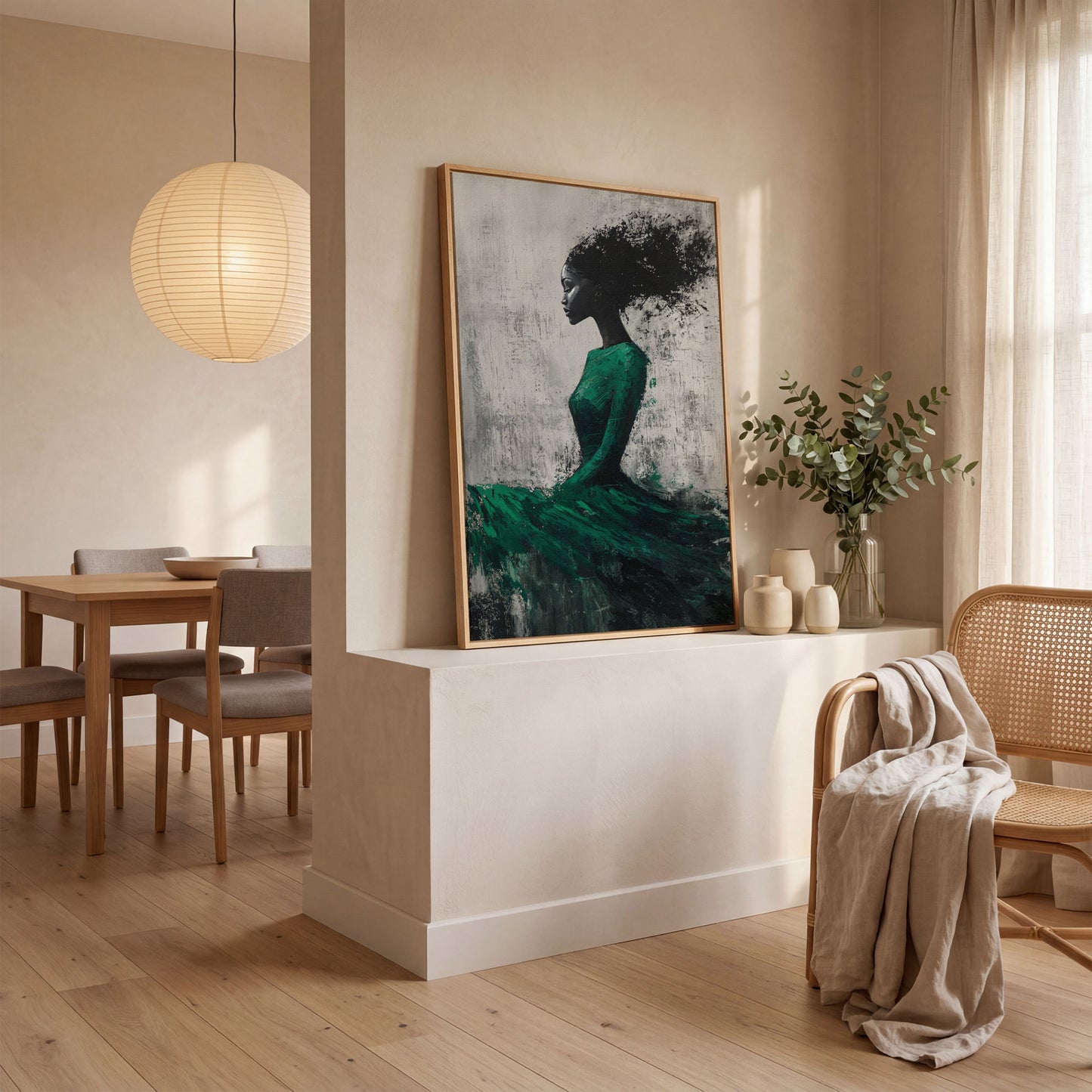 Elegant Black Woman in Green Dress Canvas Print in white oak floating frame