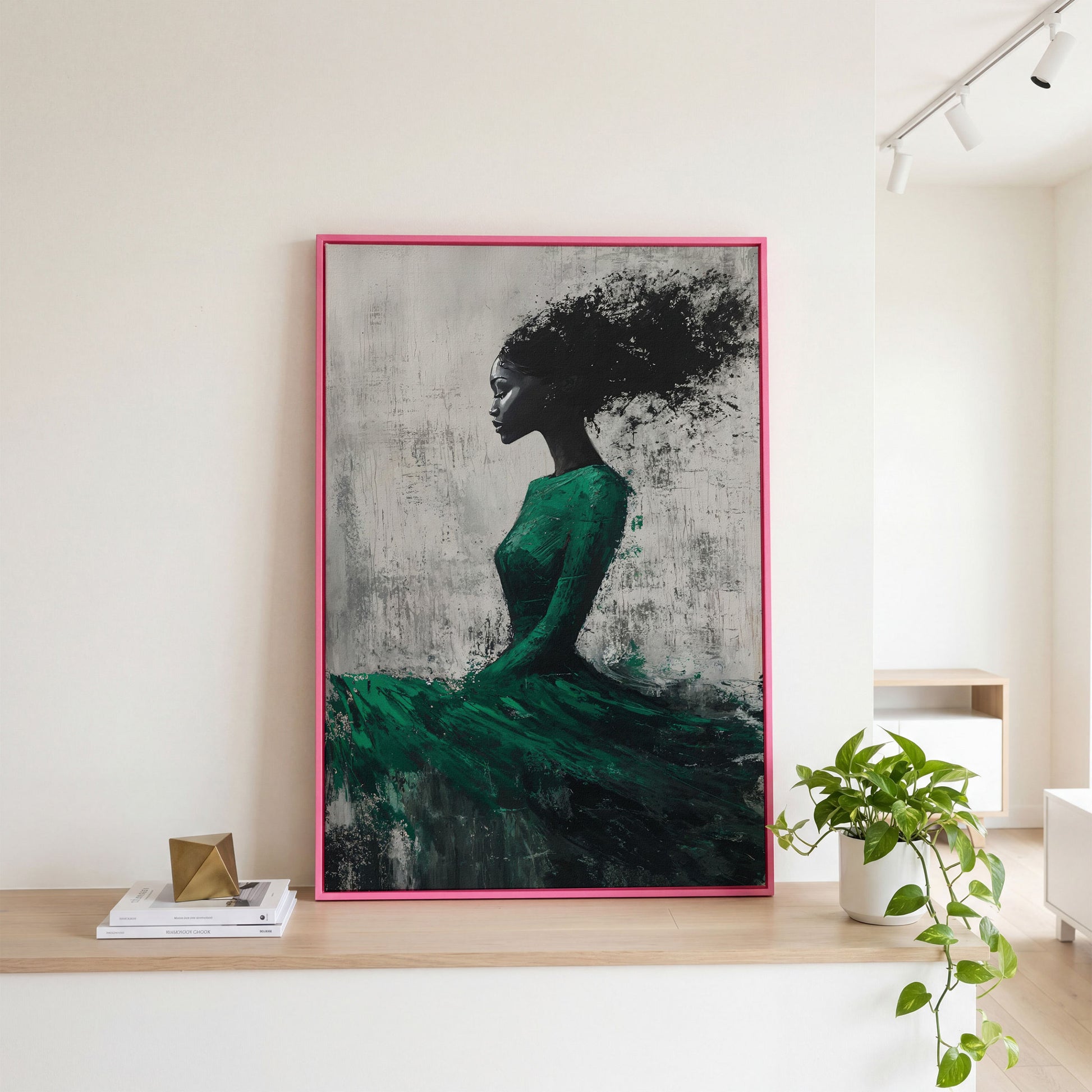 Elegant Black Woman in Green Dress Canvas Print in pink floating frame