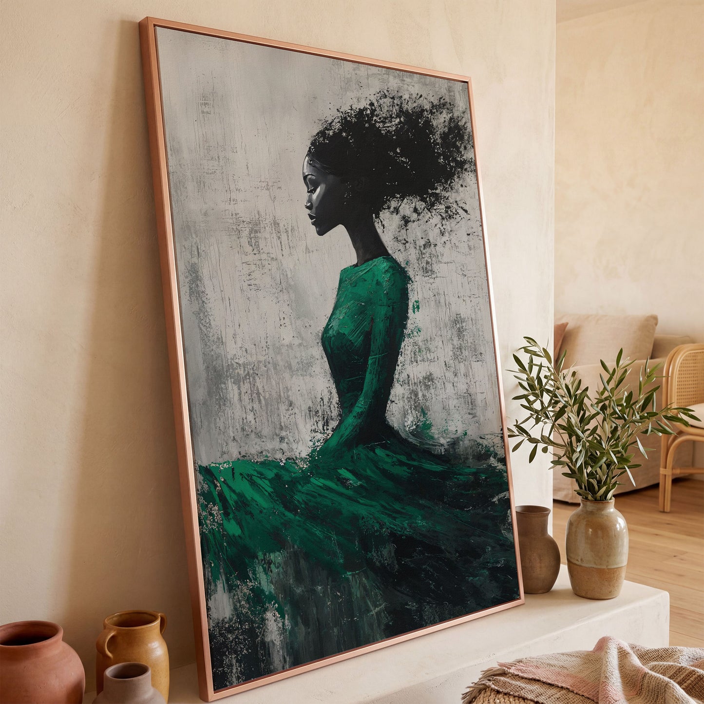 Elegant Black Woman in Green Dress Canvas Print in rose gold floating frame