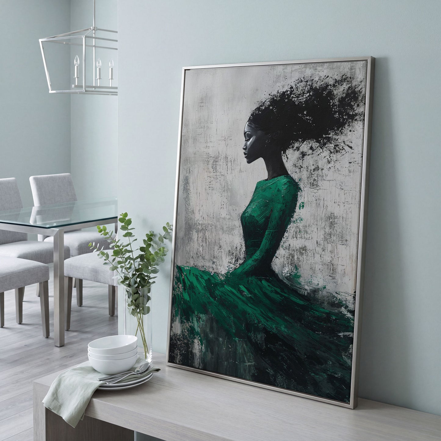 Elegant Black Woman in Green Dress Canvas Print in silver floating frame