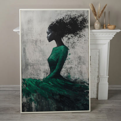 Elegant Black Woman in Green Dress Canvas Print in white floating frame