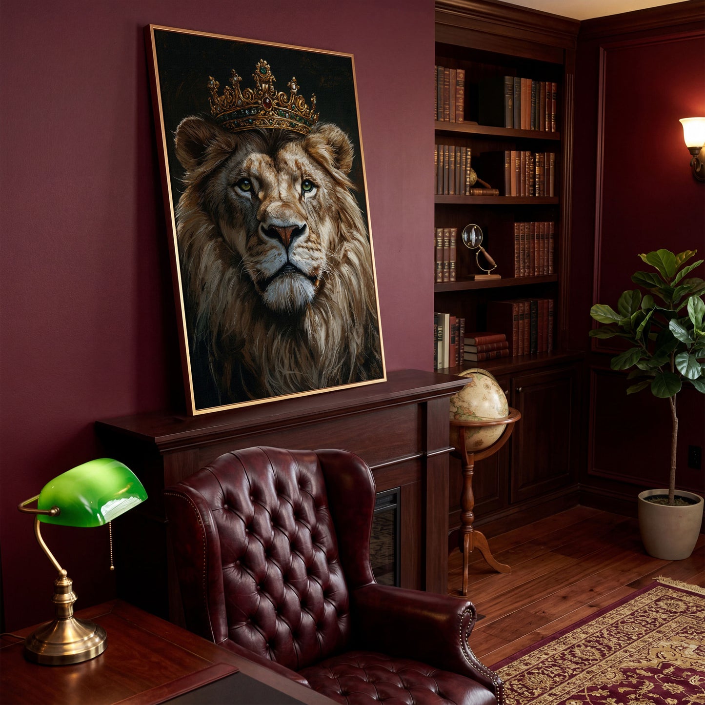 Crowned Lion Portrait Canvas in antique gold floating frame