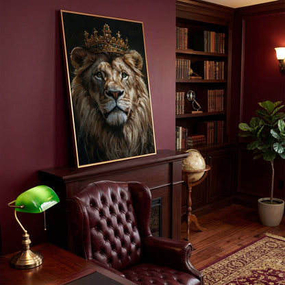 Crowned Lion Portrait Canvas in antique gold floating frame