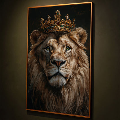 Crowned Lion Portrait Canvas shown in antique gold floating frame