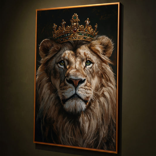 Crowned Lion Portrait Canvas shown in antique gold floating frame