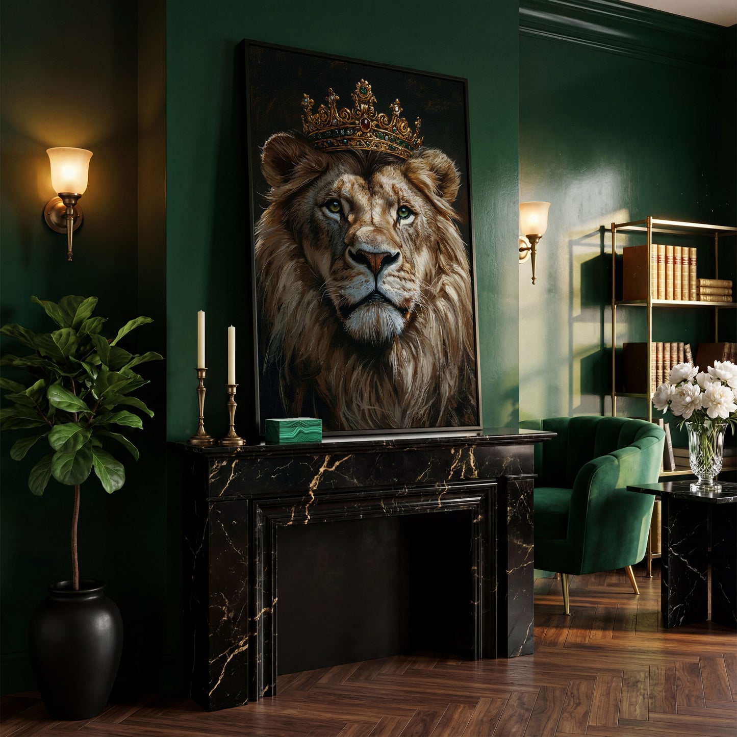 Crowned Lion Portrait Canvas in black floating frame