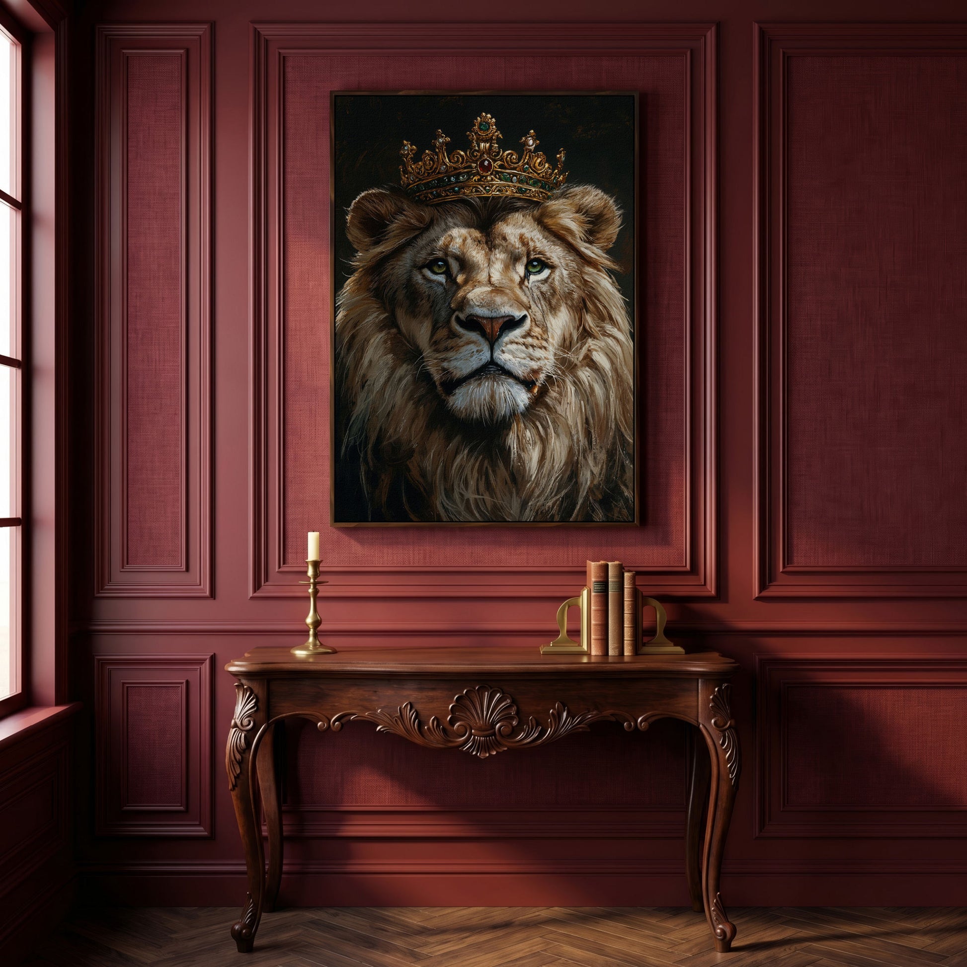 Crowned Lion Portrait Canvas in dark walnut floating frame