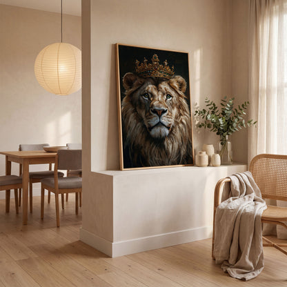 Crowned Lion Portrait Canvas in white oak floating frame