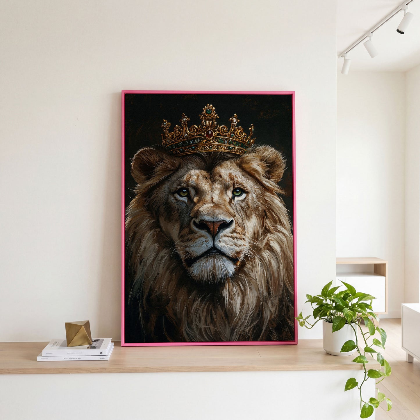 Crowned Lion Portrait Canvas in pink floating frame