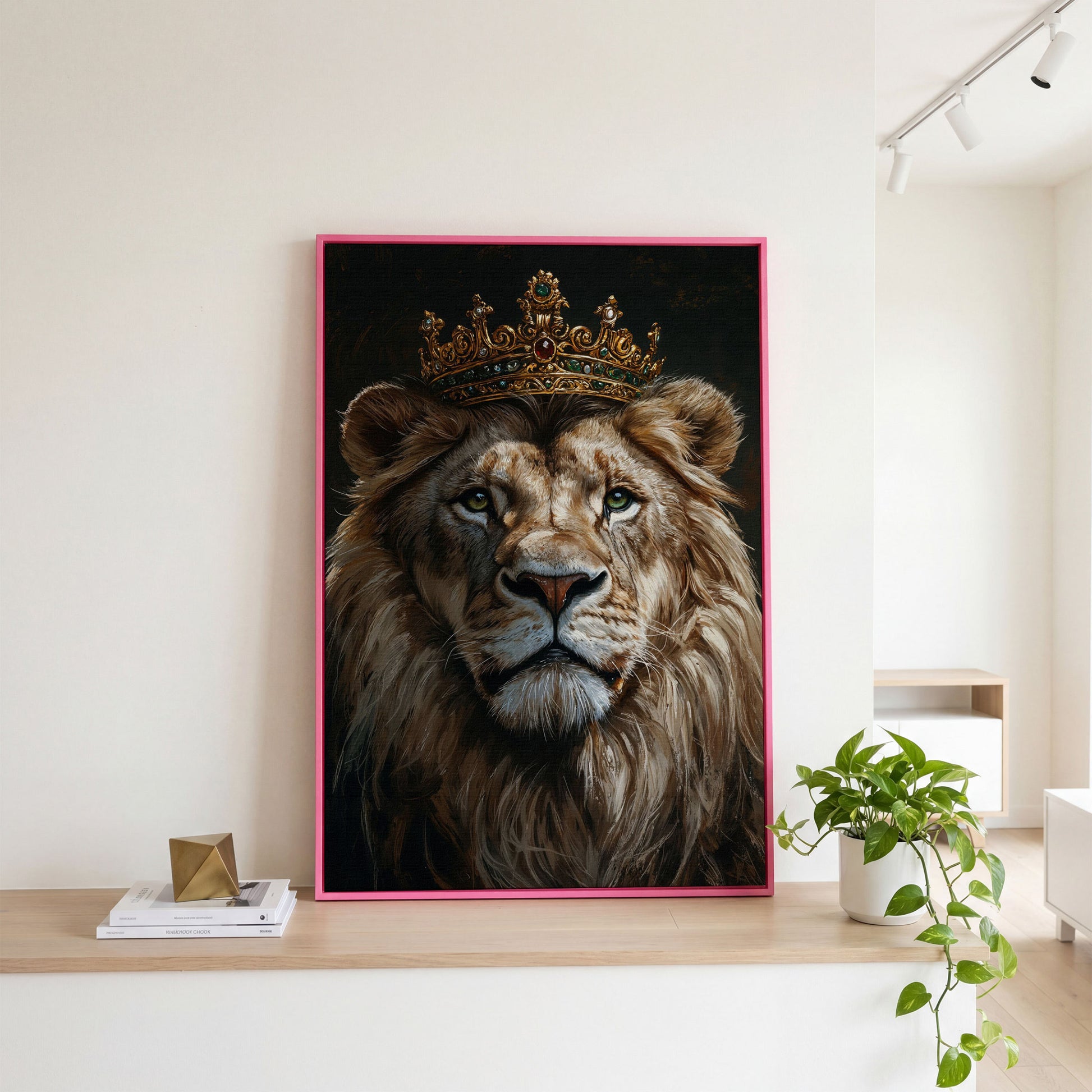 Crowned Lion Portrait Canvas in pink floating frame