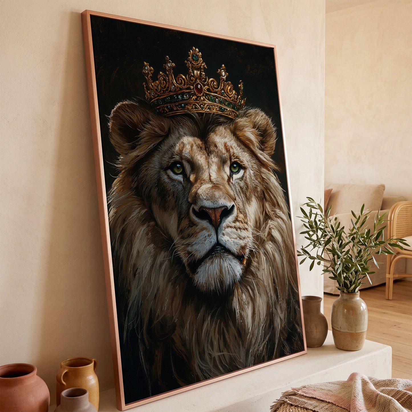 Crowned Lion Portrait Canvas in rose gold floating frame