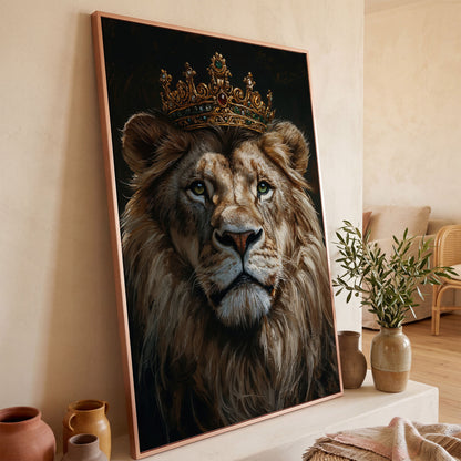 Crowned Lion Portrait Canvas in rose gold floating frame