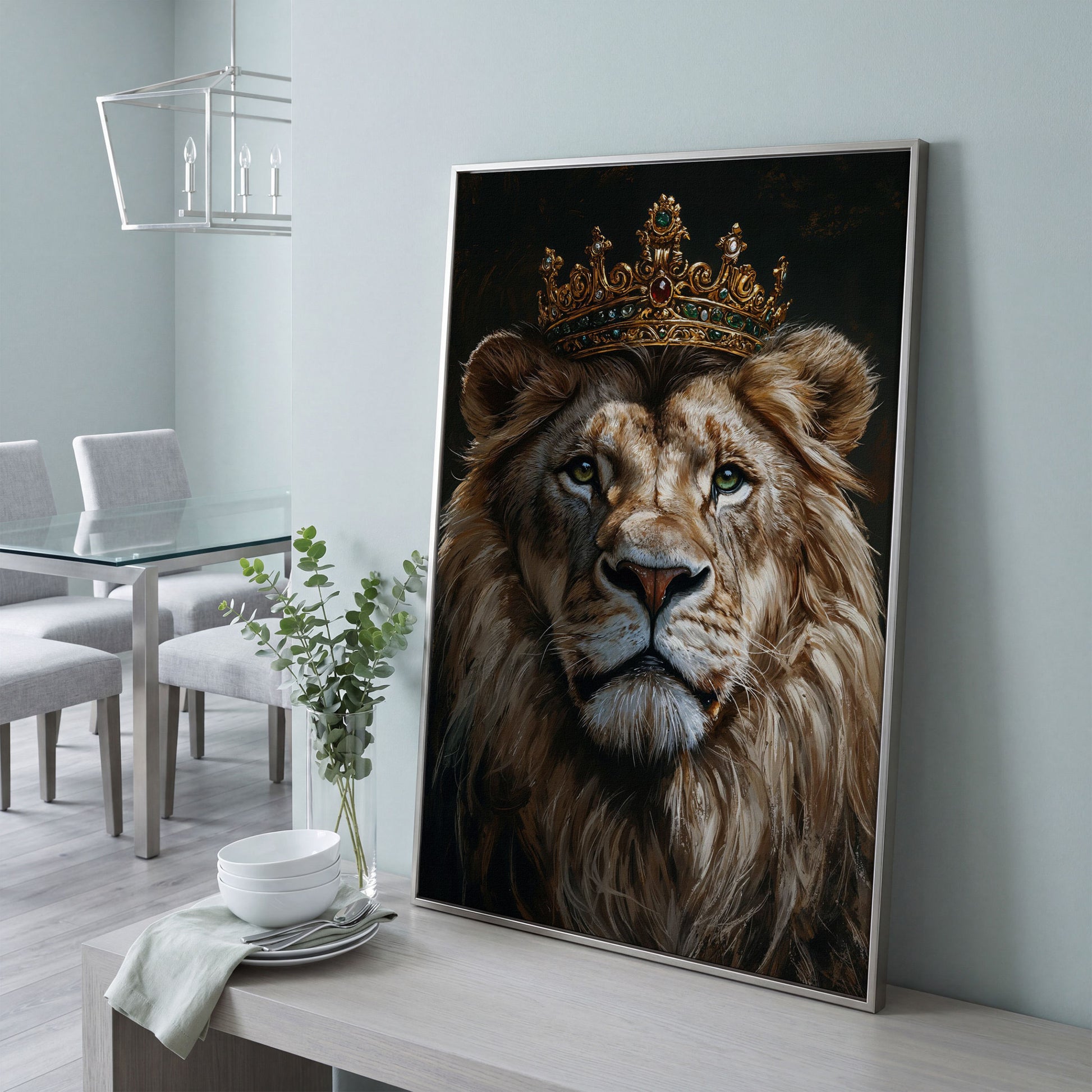 Crowned Lion Portrait Canvas in silver floating frame