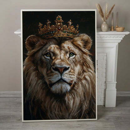 Crowned Lion Portrait Canvas in white floating frame