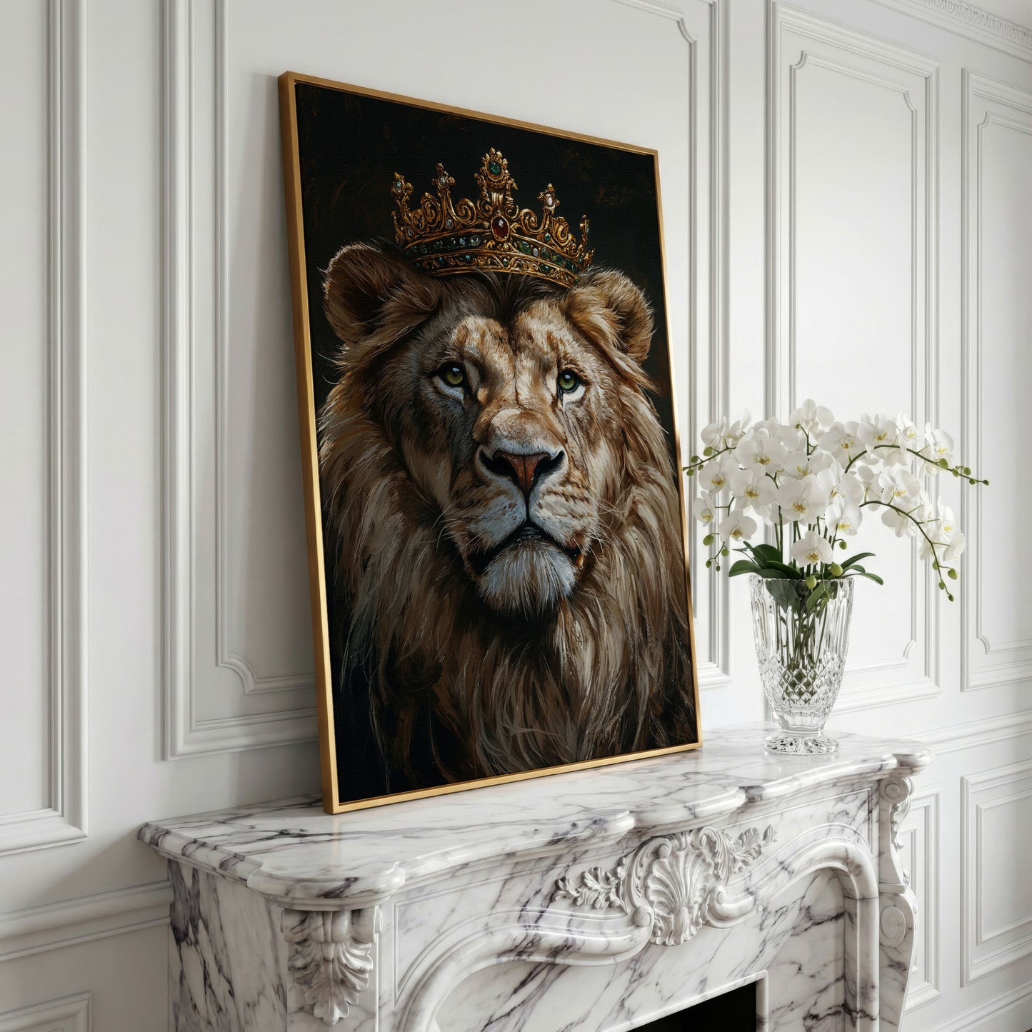 Crowned Lion Portrait Canvas in yellow gold floating frame