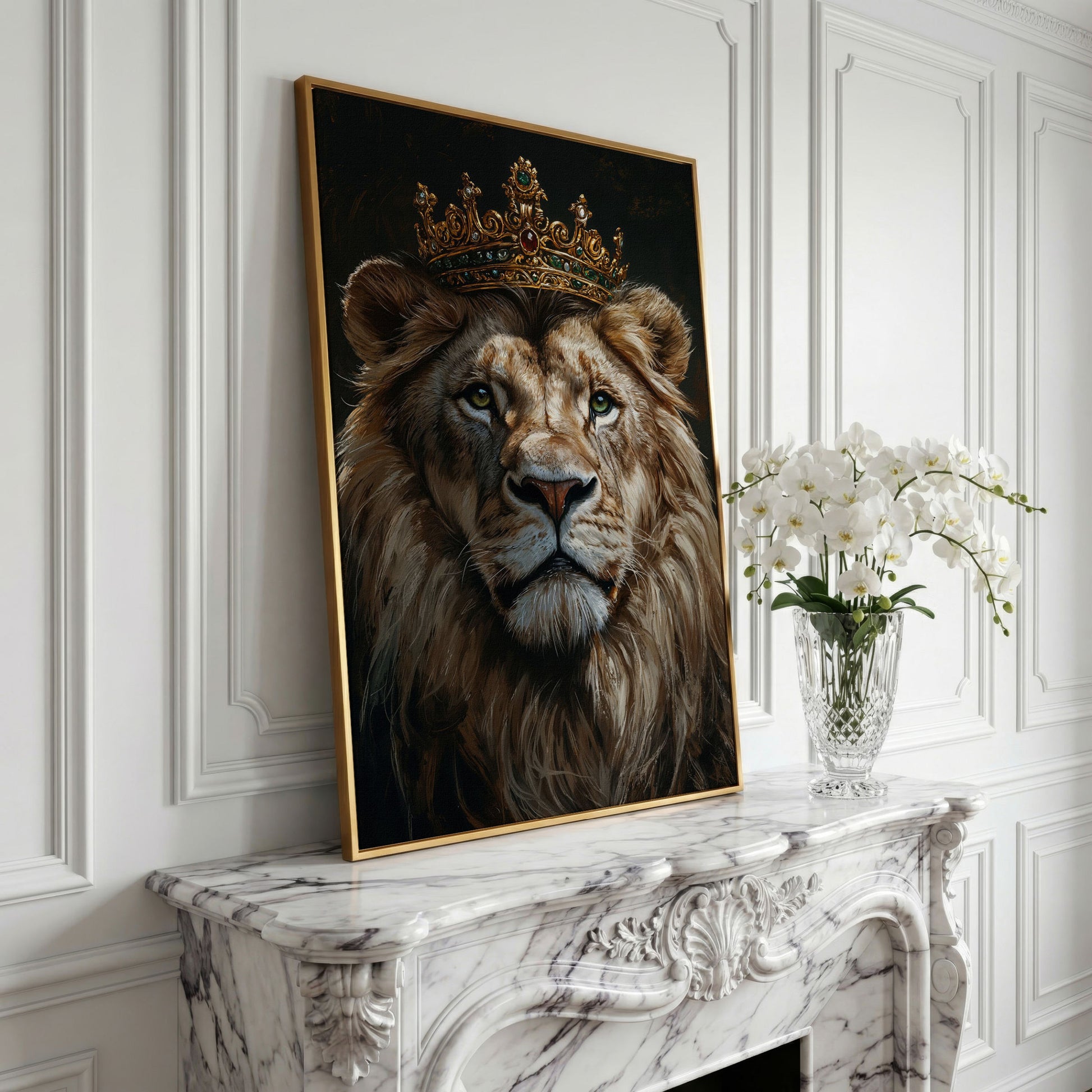 Crowned Lion Portrait Canvas in yellow gold floating frame