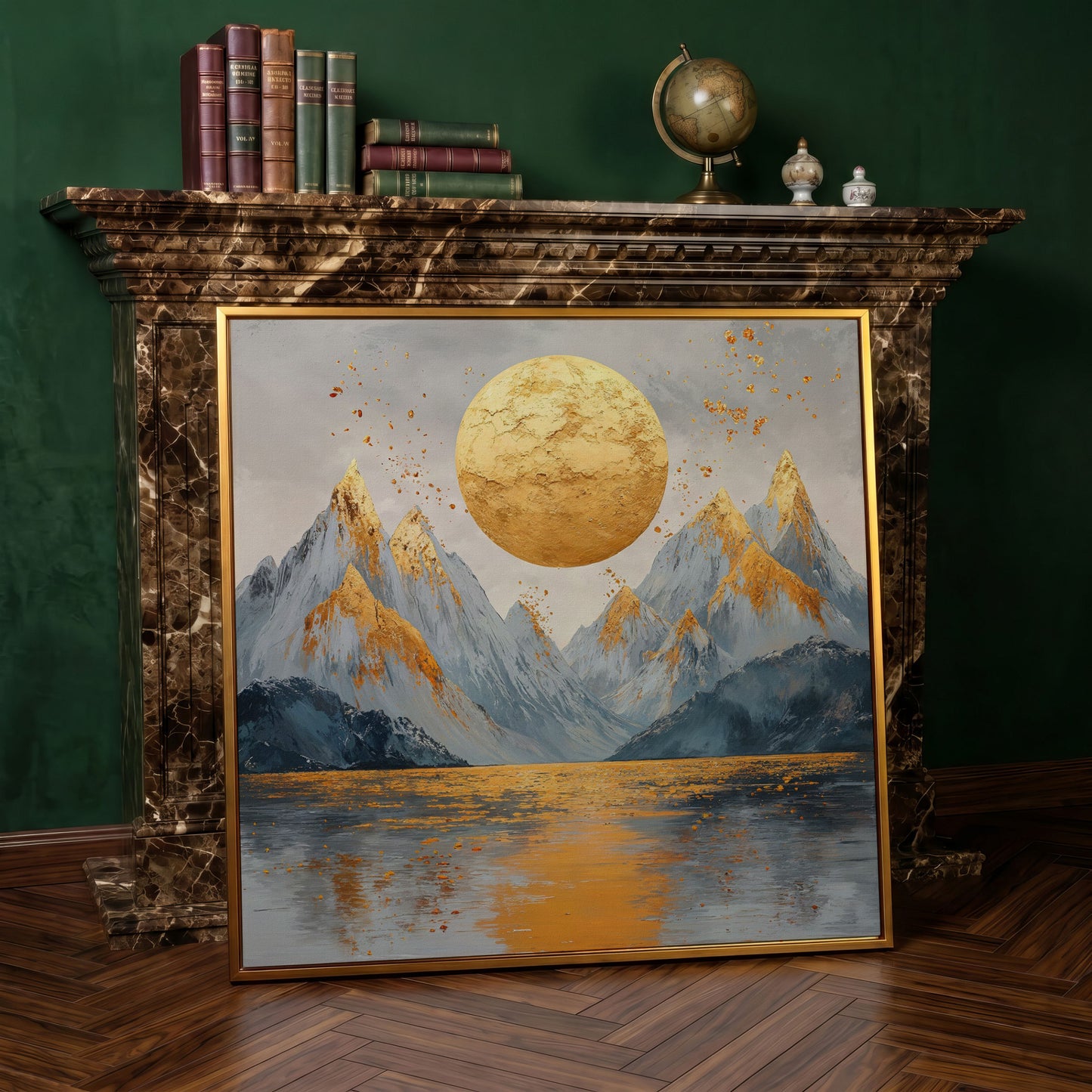 Surreal Sun and Mountain Canvas in antique gold floating frame